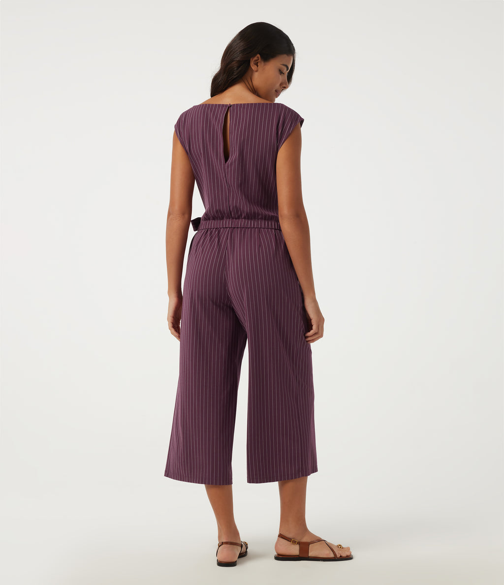 Boat Neck Stripe Sleeveless Wide Leg Tie Work Jumpsuit with Pockets -Edition — Plum Stripe — view 2