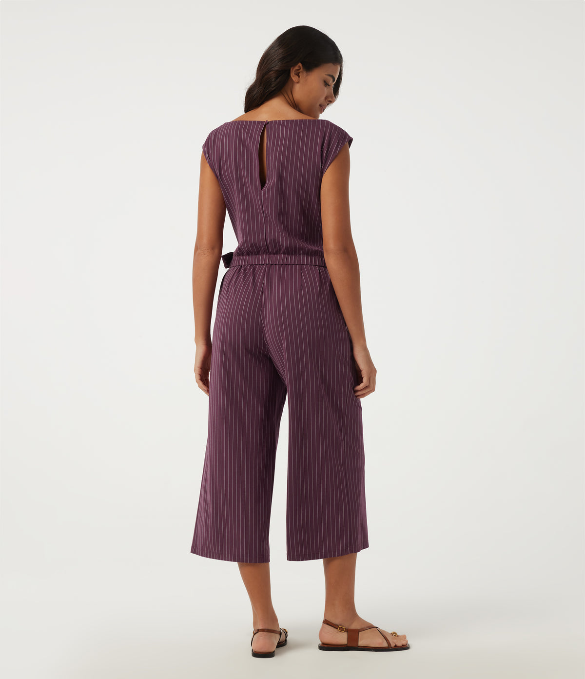 Boat Neck Stripe Sleeveless Wide Leg Tie Work Jumpsuit with Pockets -Edition — Plum Stripe — view 2
