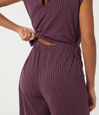 Boat Neck Stripe Sleeveless Wide Leg Tie Work Jumpsuit with Pockets -Edition — Plum Stripe — view 5