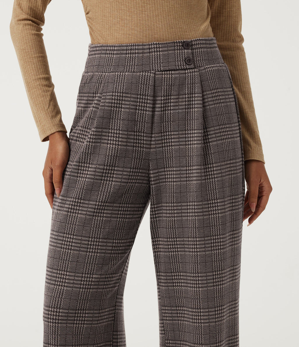 High Waisted Straight Leg Houndstooth Work Trousers with Pockets — Brown Houndstooth Plaid — view 5