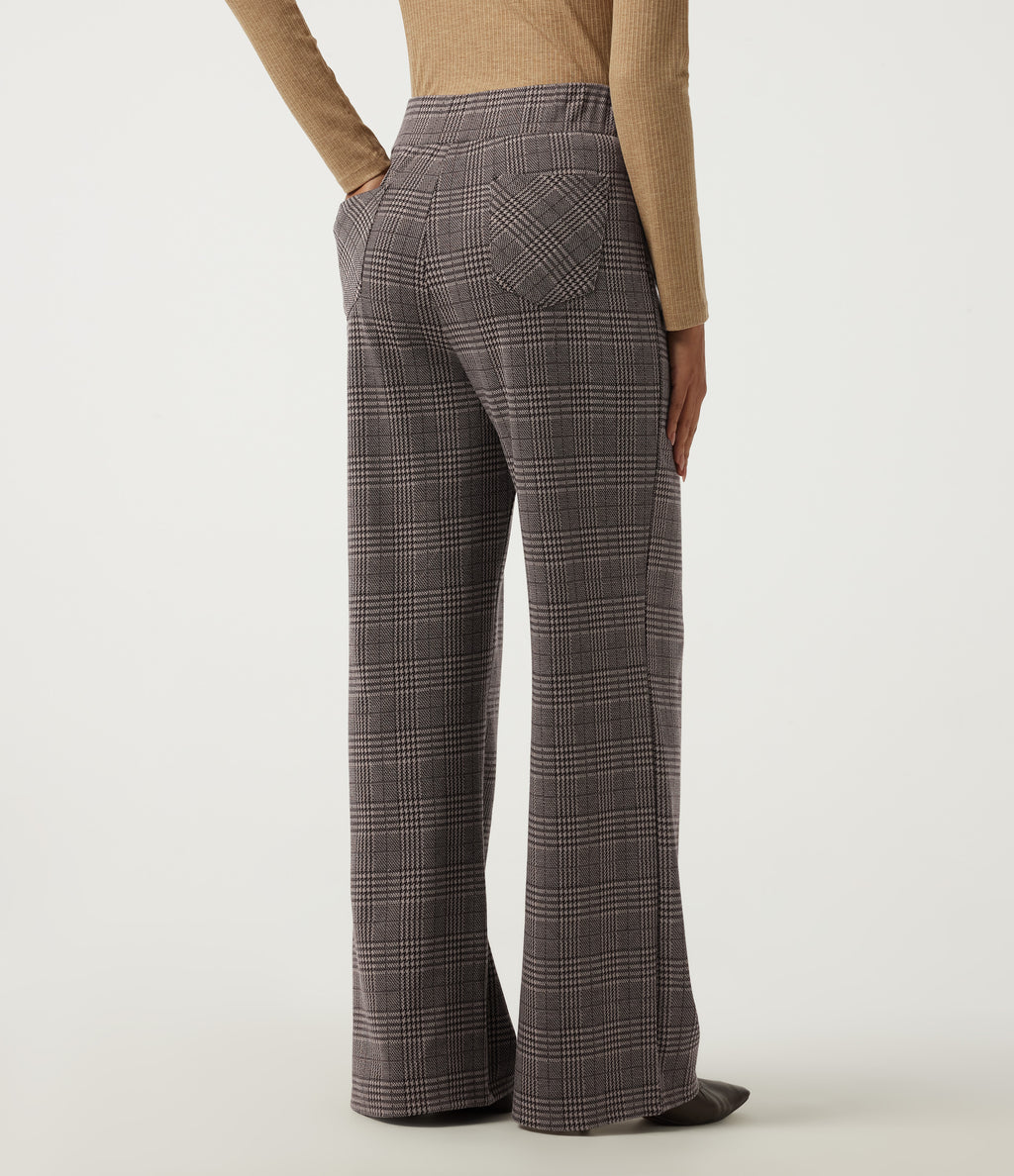 High Waisted Straight Leg Houndstooth Work Trousers with Pockets — Brown Houndstooth Plaid — view 2