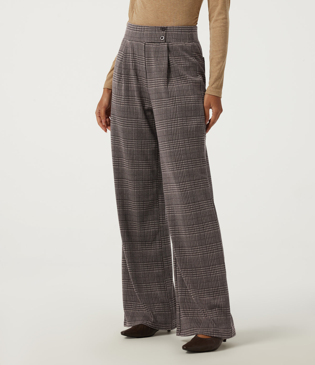 High Waisted Straight Leg Houndstooth Work Trousers with Pockets — Brown Houndstooth Plaid — view 1