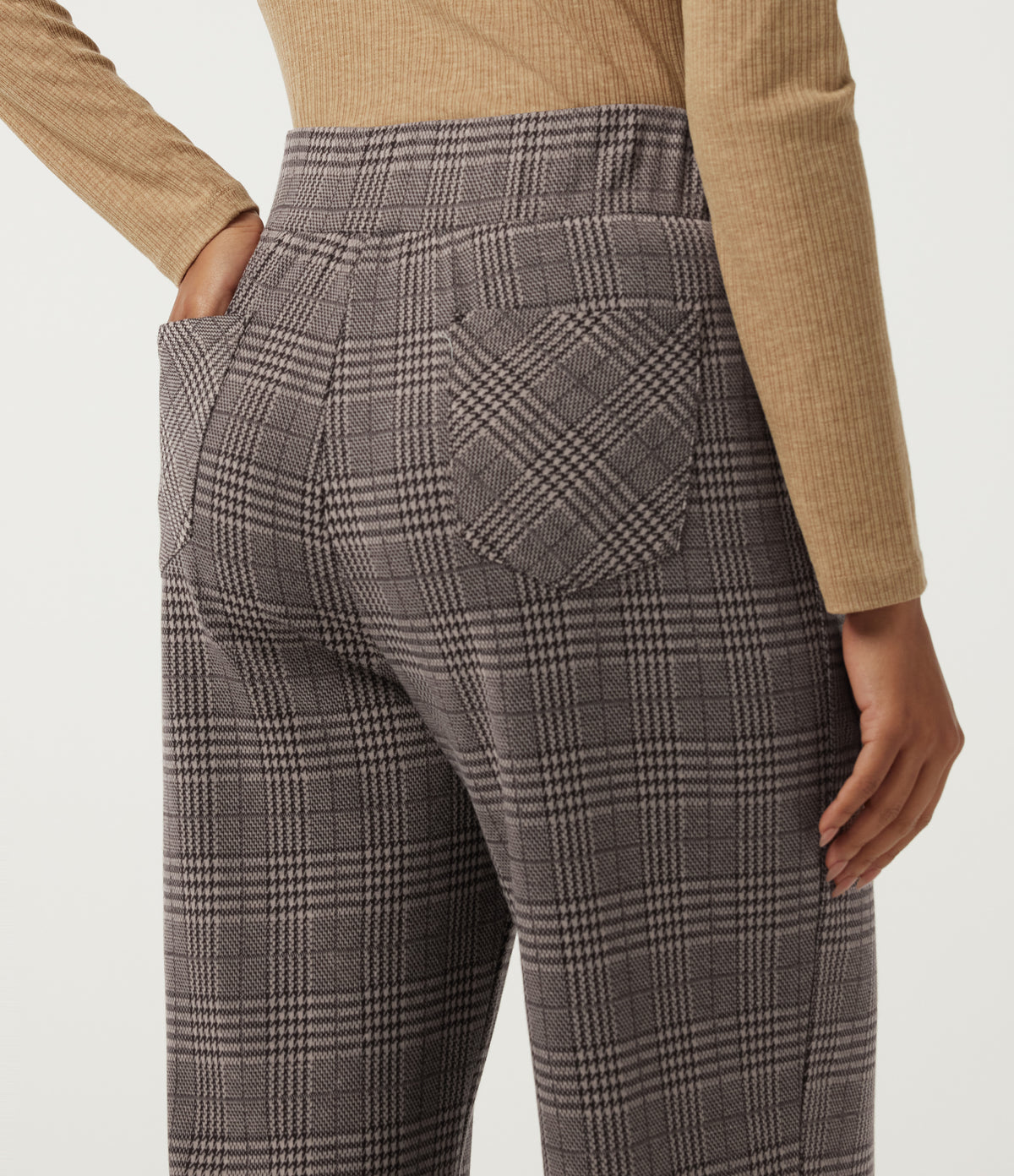 High Waisted Straight Leg Houndstooth Work Trousers with Pockets — Brown Houndstooth Plaid — view 4