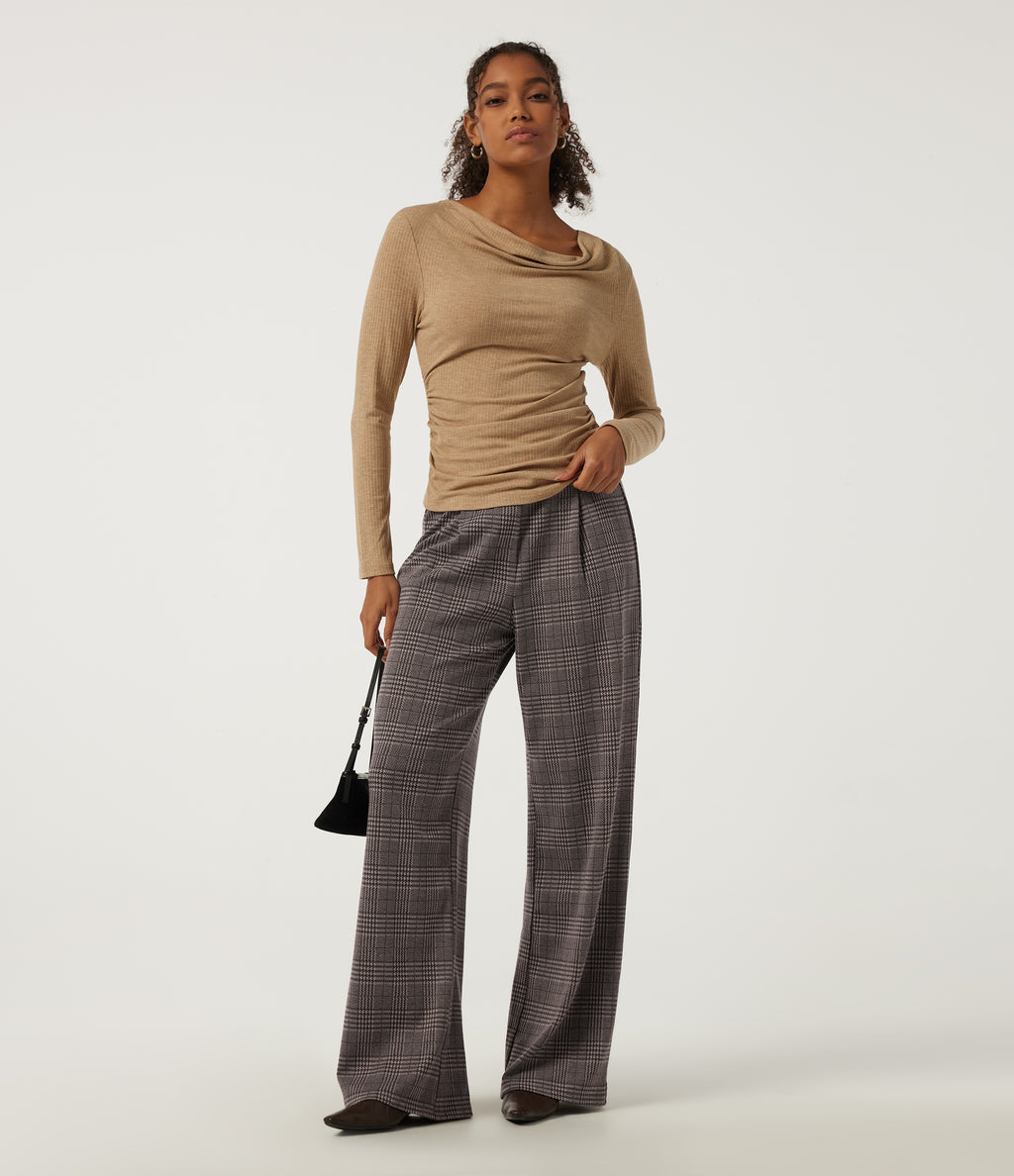 High Waisted Straight Leg Houndstooth Work Trousers with Pockets — Brown Houndstooth Plaid — view 6