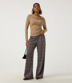 High Waisted Straight Leg Houndstooth Work Trousers with Pockets — Brown Houndstooth Plaid — view 6