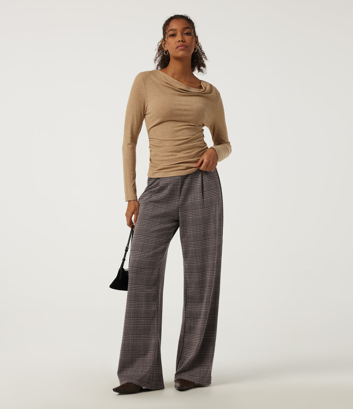 High Waisted Straight Leg Houndstooth Work Trousers with Pockets — Brown Houndstooth Plaid — view 6