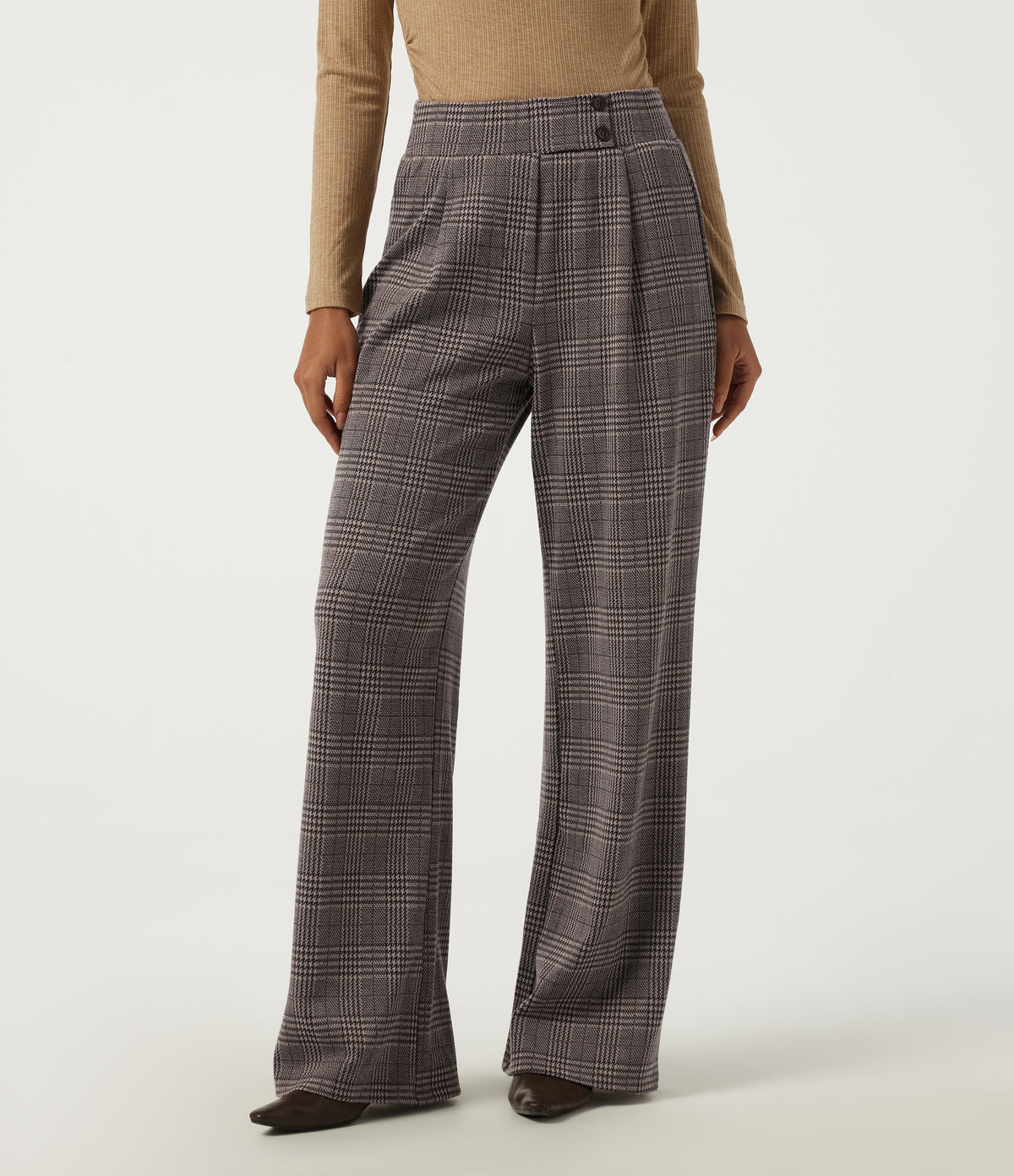 High Waisted Straight Leg Houndstooth Work Trousers with Pockets — Brown Houndstooth Plaid — view 3