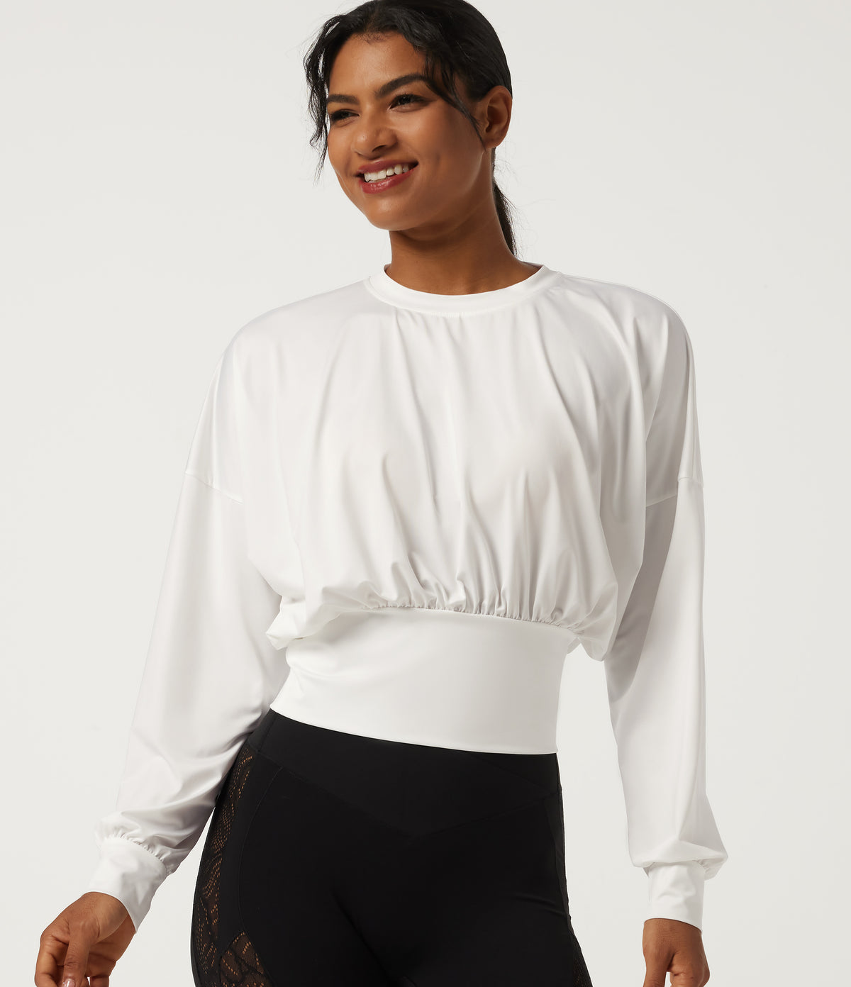 Round Neck Batwing Long Sleeve Casual Sports Top — White — view 1