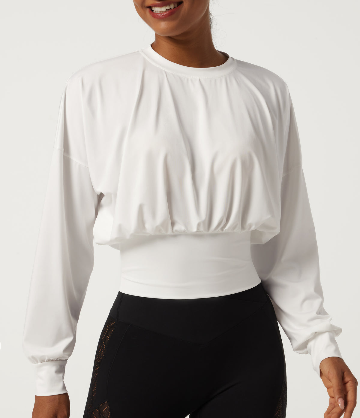 Round Neck Batwing Long Sleeve Casual Sports Top — White — view 5