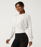 Round Neck Batwing Long Sleeve Casual Sports Top — White — view 3