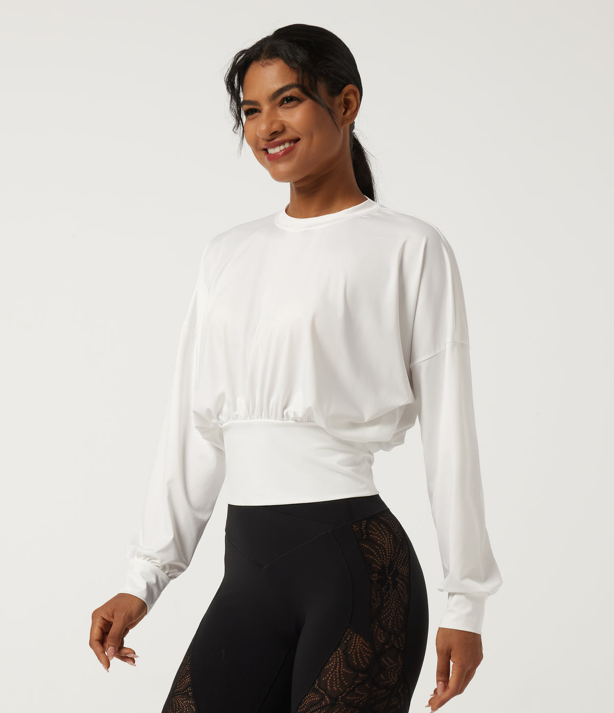 Round Neck Batwing Long Sleeve Casual Sports Top — White — view 3