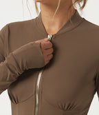 Stand Collar Long Sleeve Curved Hem Yoga Track Jacket — Thick Earthy Brown — view 6