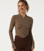 Stand Collar Long Sleeve Curved Hem Yoga Track Jacket — Thick Earthy Brown — view 4