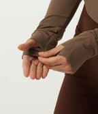 Stand Collar Long Sleeve Curved Hem Yoga Track Jacket — Thick Earthy Brown — view 7