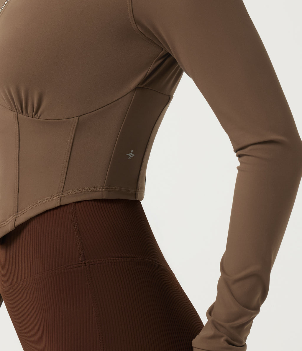 Stand Collar Long Sleeve Curved Hem Yoga Track Jacket — Thick Earthy Brown — view 8