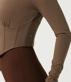 Stand Collar Long Sleeve Curved Hem Yoga Track Jacket — Thick Earthy Brown — view 8