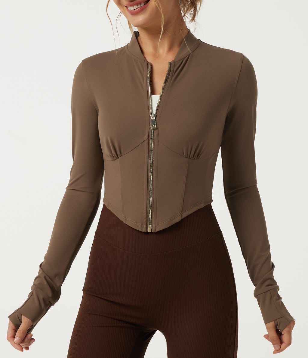Stand Collar Long Sleeve Curved Hem Yoga Track Jacket — Thick Earthy Brown — view 5