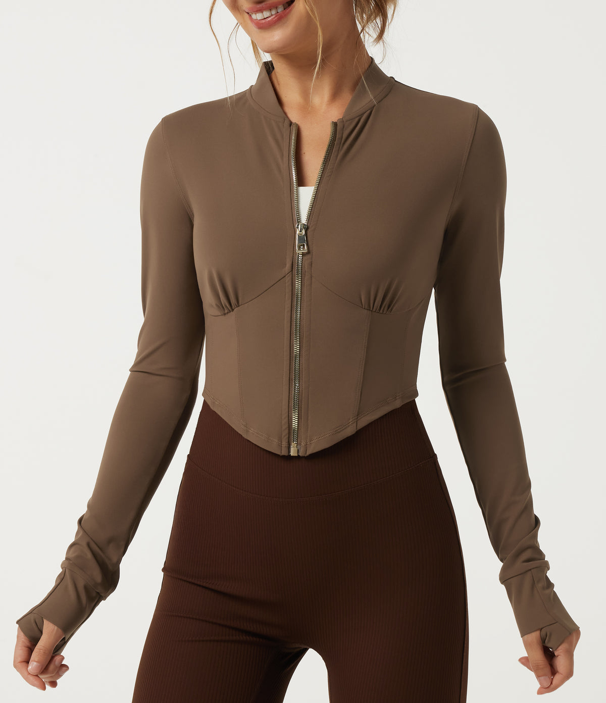 Stand Collar Long Sleeve Curved Hem Yoga Track Jacket — Thick Earthy Brown — view 5