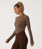 Stand Collar Long Sleeve Curved Hem Yoga Track Jacket — Thick Earthy Brown — view 3