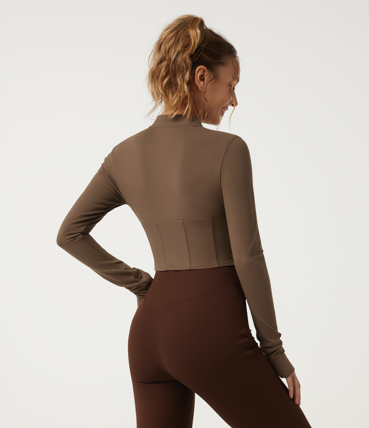 Stand Collar Long Sleeve Curved Hem Yoga Track Jacket — Thick Earthy Brown — view 2