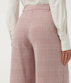 Mid Rise Wide Leg Pleated Plaid Casual Trousers with Pockets — Bean Paste Houndstooth Plaid — view 5