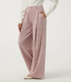 Mid Rise Wide Leg Pleated Plaid Casual Trousers with Pockets — Bean Paste Houndstooth Plaid — view 1