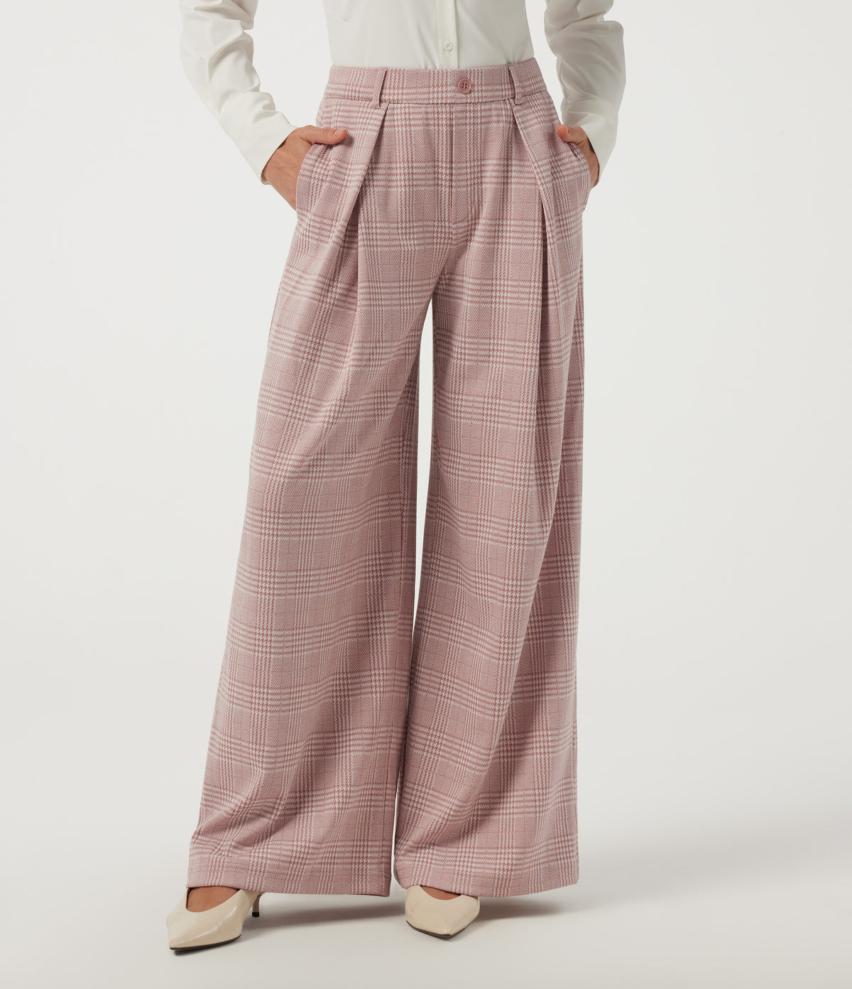Mid Rise Wide Leg Pleated Plaid Casual Trousers with Pockets — Bean Paste Houndstooth Plaid — view 3