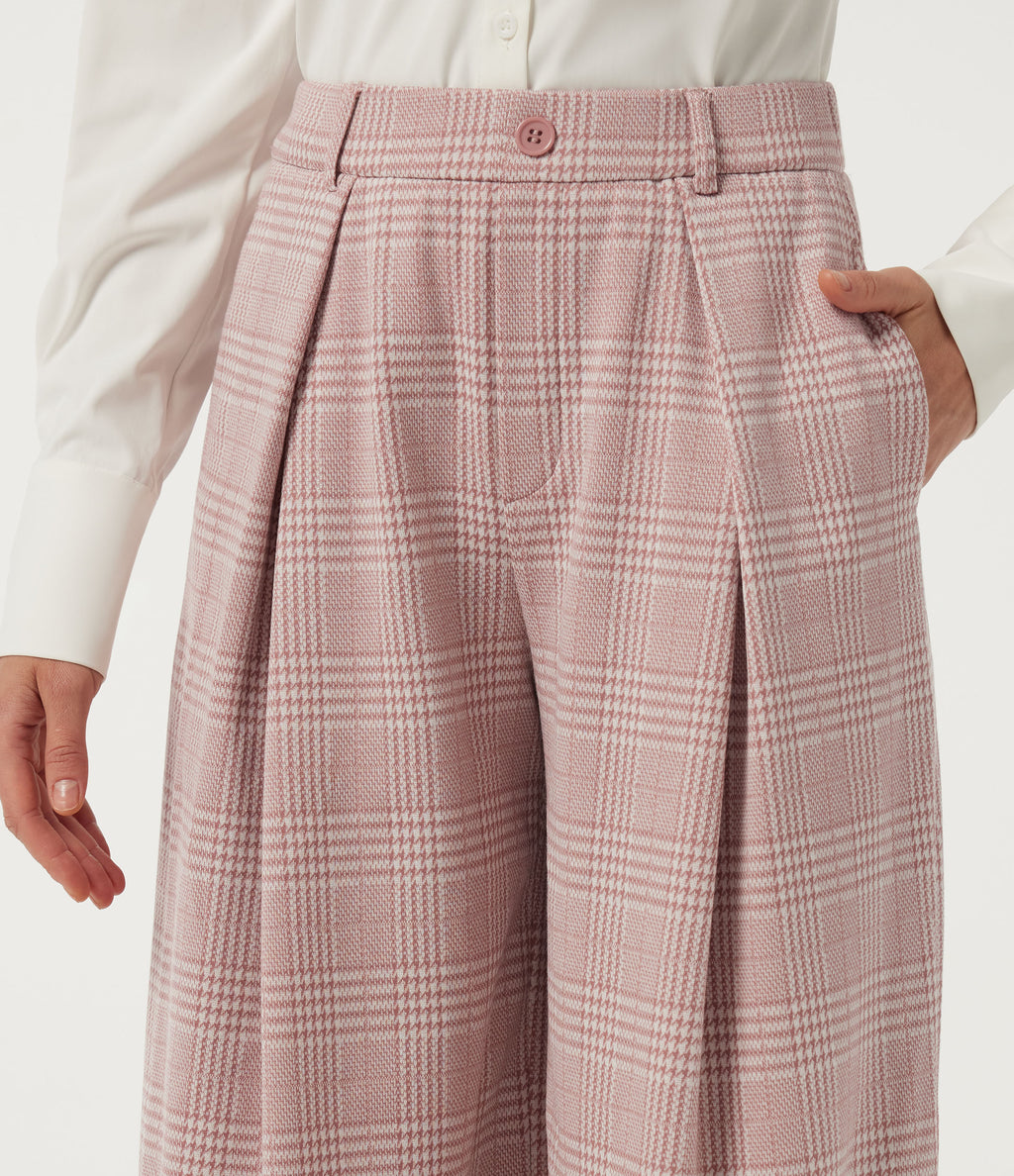 Mid Rise Wide Leg Pleated Plaid Casual Trousers with Pockets — Bean Paste Houndstooth Plaid — view 4
