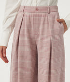 Mid Rise Wide Leg Pleated Plaid Casual Trousers with Pockets — Bean Paste Houndstooth Plaid — view 4