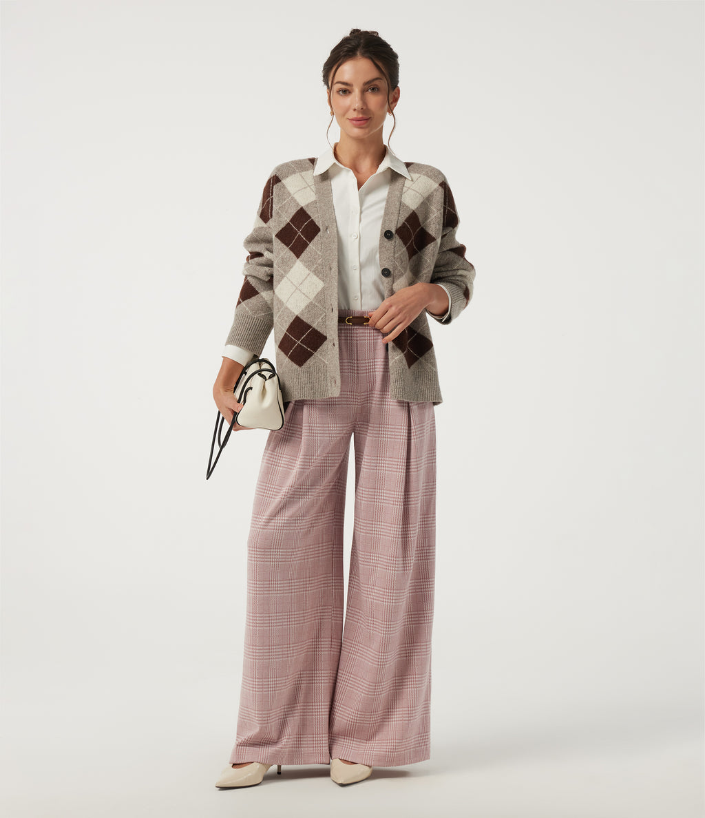 Mid Rise Wide Leg Pleated Plaid Casual Trousers with Pockets — Bean Paste Houndstooth Plaid — view 6