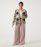 Mid Rise Wide Leg Pleated Plaid Casual Trousers with Pockets — Bean Paste Houndstooth Plaid — view 6