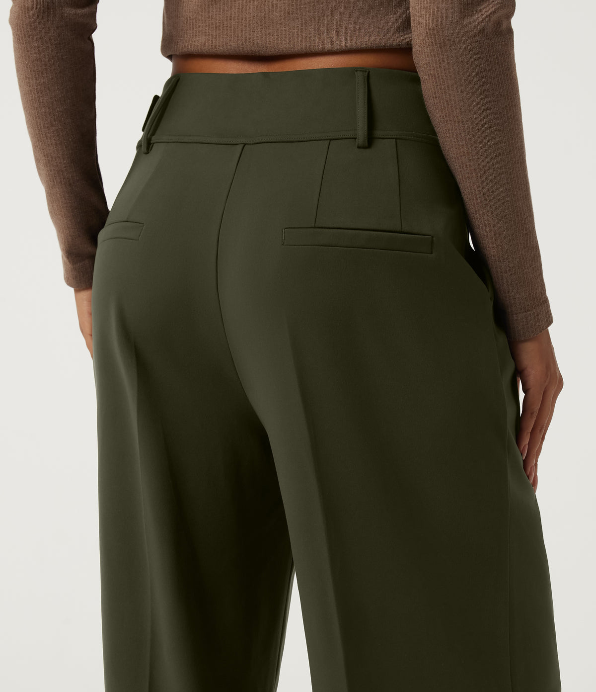 Mid Rise Wide Leg Buckle Work Trousers with Pockets — Forest Night — view 4