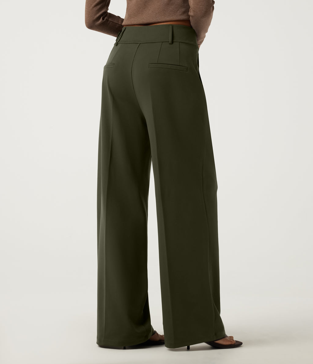 Mid Rise Wide Leg Buckle Work Trousers with Pockets — Forest Night — view 2