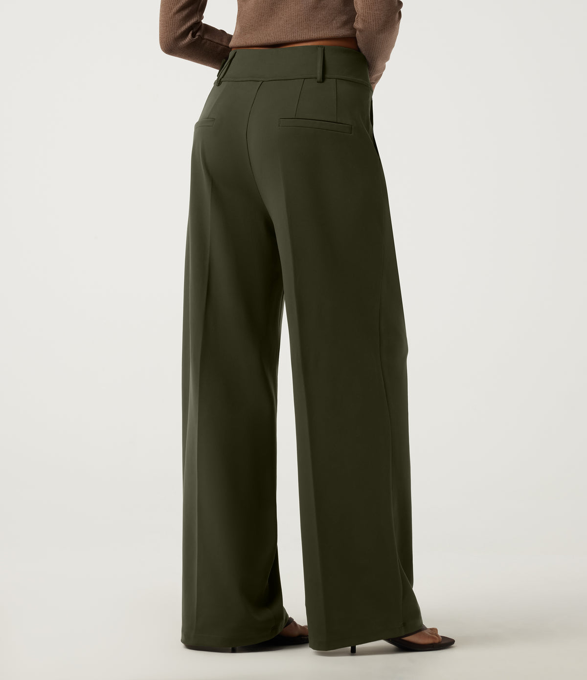Mid Rise Wide Leg Buckle Work Trousers with Pockets — Forest Night — view 2