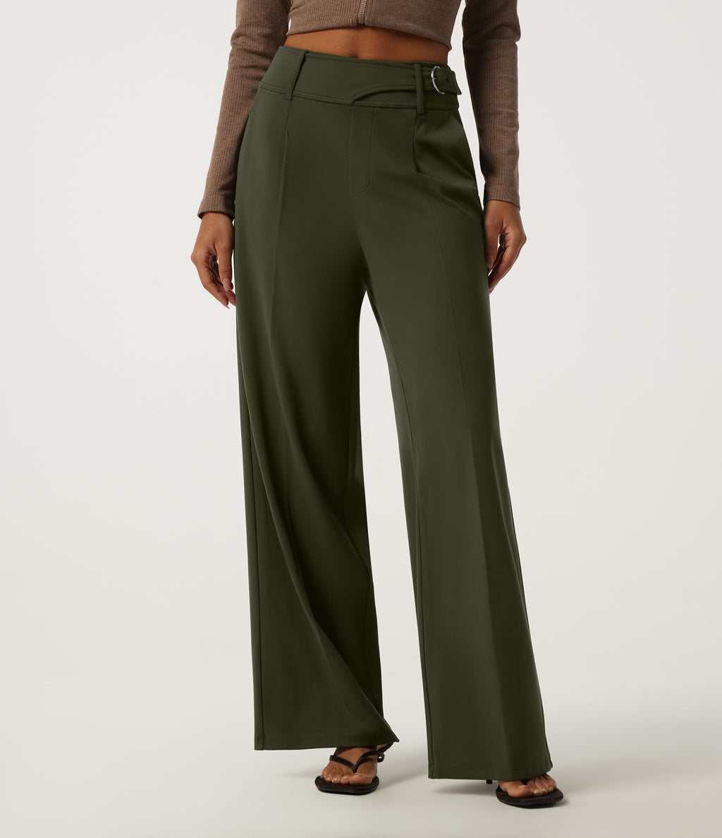 Mid Rise Wide Leg Buckle Work Trousers with Pockets — Forest Night — view 3