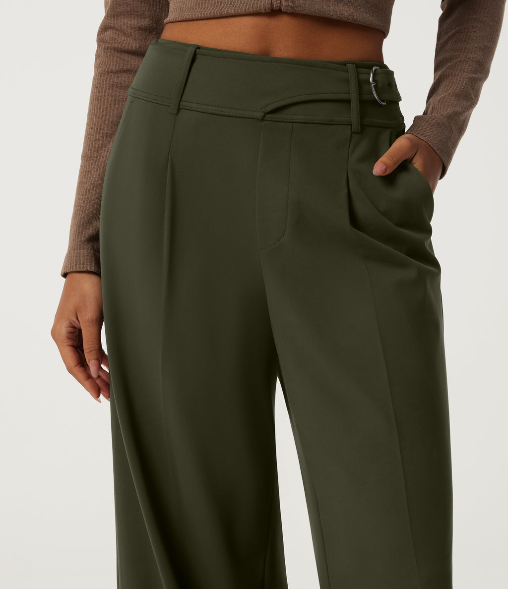 Mid Rise Wide Leg Buckle Work Trousers with Pockets — Forest Night — view 5