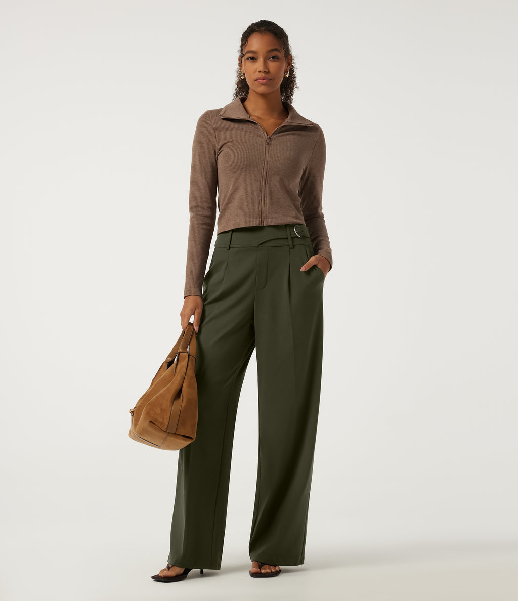 Mid Rise Wide Leg Buckle Work Trousers with Pockets — Forest Night — view 8