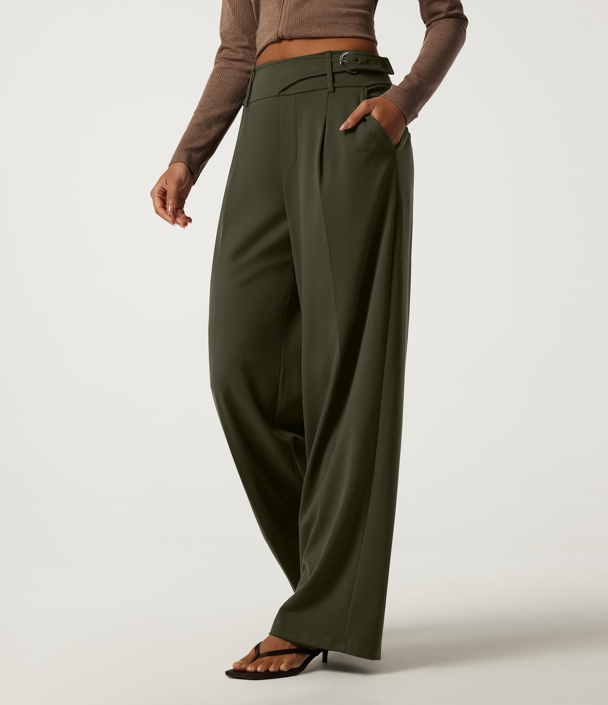 Mid Rise Wide Leg Buckle Work Trousers with Pockets — Forest Night — view 1