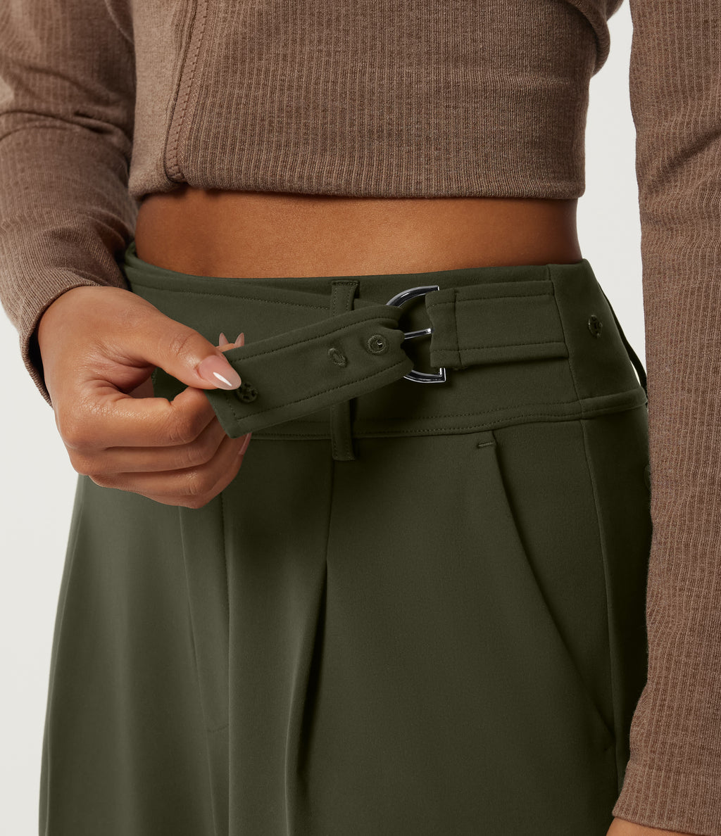 Mid Rise Wide Leg Buckle Work Trousers with Pockets — Forest Night — view 6