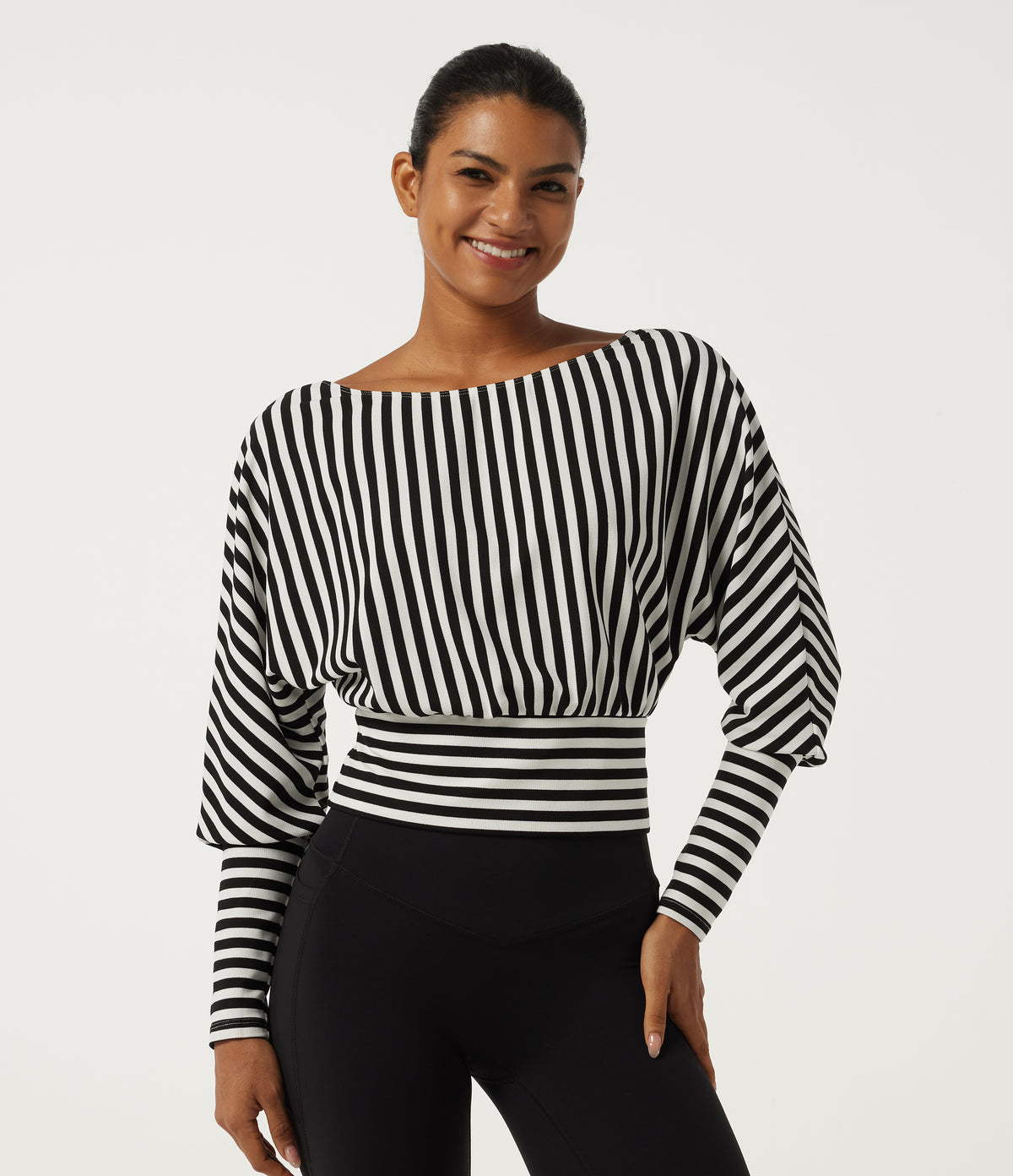 One Shoulder Long Sleeve Stripe Yoga Sports Top — Black White Horizontal Stripe — view 4
