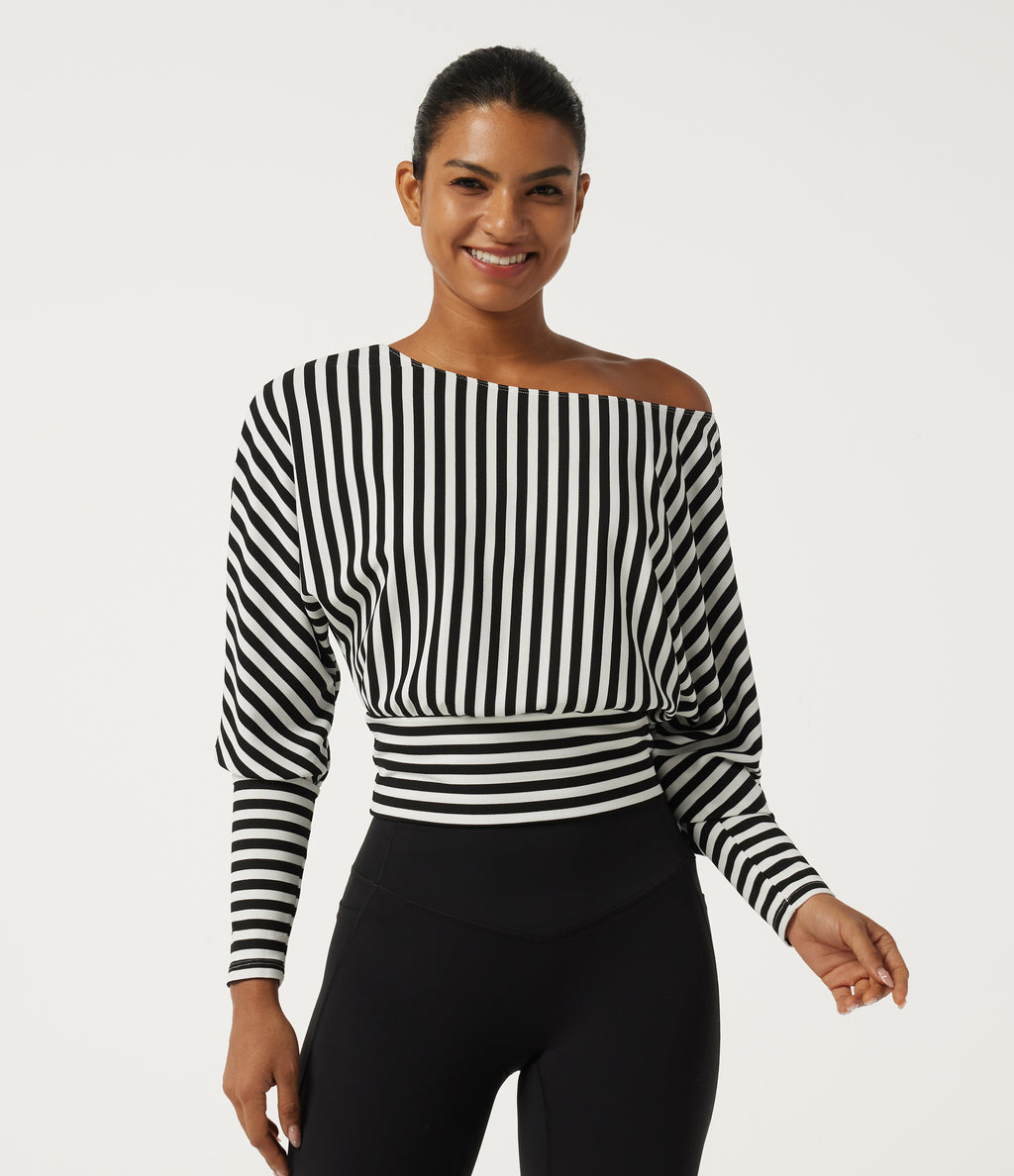 One Shoulder Long Sleeve Stripe Yoga Sports Top — Black White Horizontal Stripe — view 1