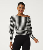 One Shoulder Long Sleeve Stripe Yoga Sports Top — Black White Horizontal Stripe — view 1