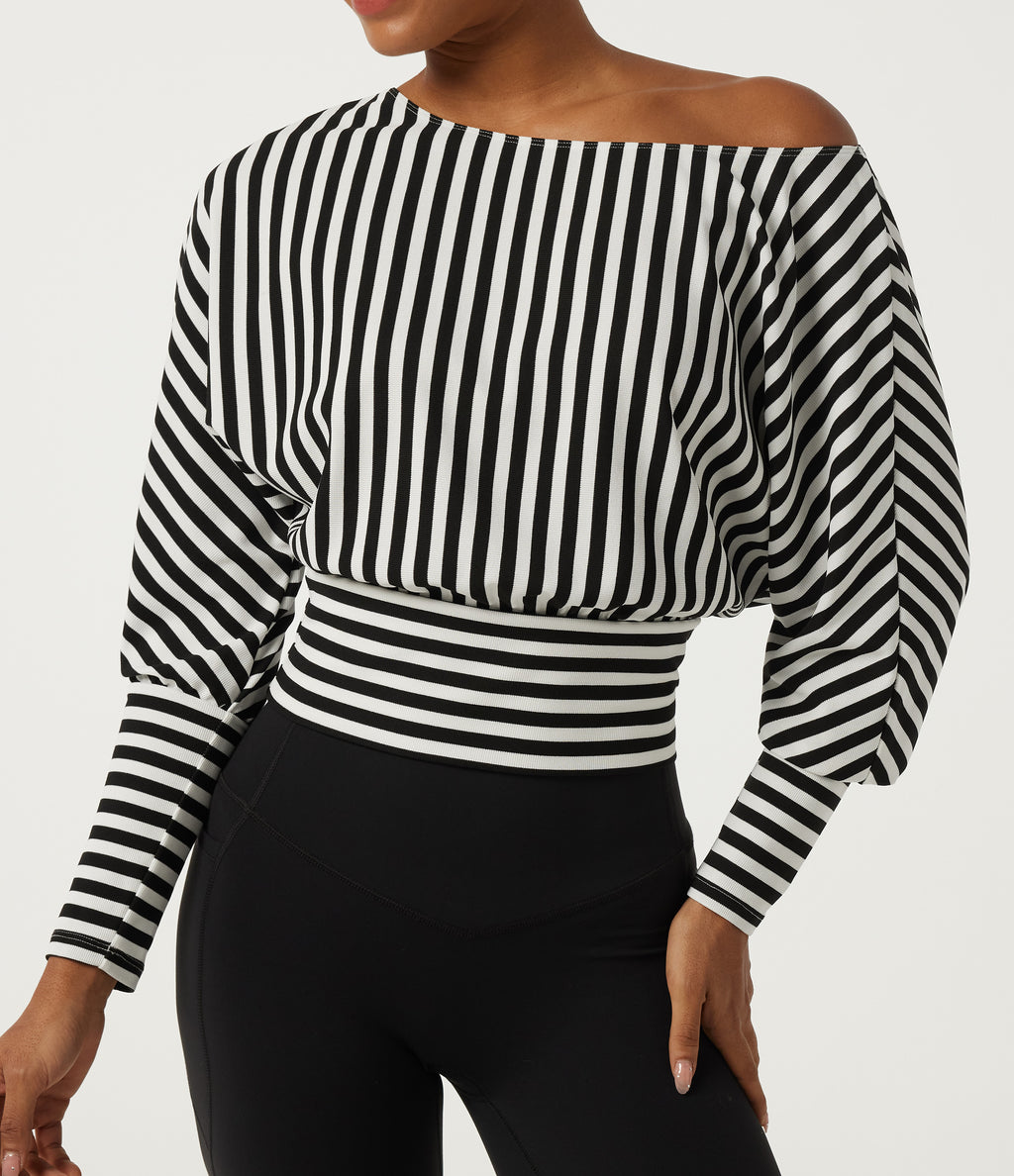 One Shoulder Long Sleeve Stripe Yoga Sports Top — Black White Horizontal Stripe — view 6