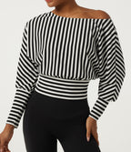 One Shoulder Long Sleeve Stripe Yoga Sports Top — Black White Horizontal Stripe — view 6