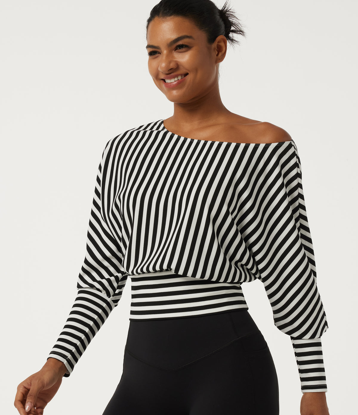 One Shoulder Long Sleeve Stripe Yoga Sports Top — Black White Horizontal Stripe — view 5
