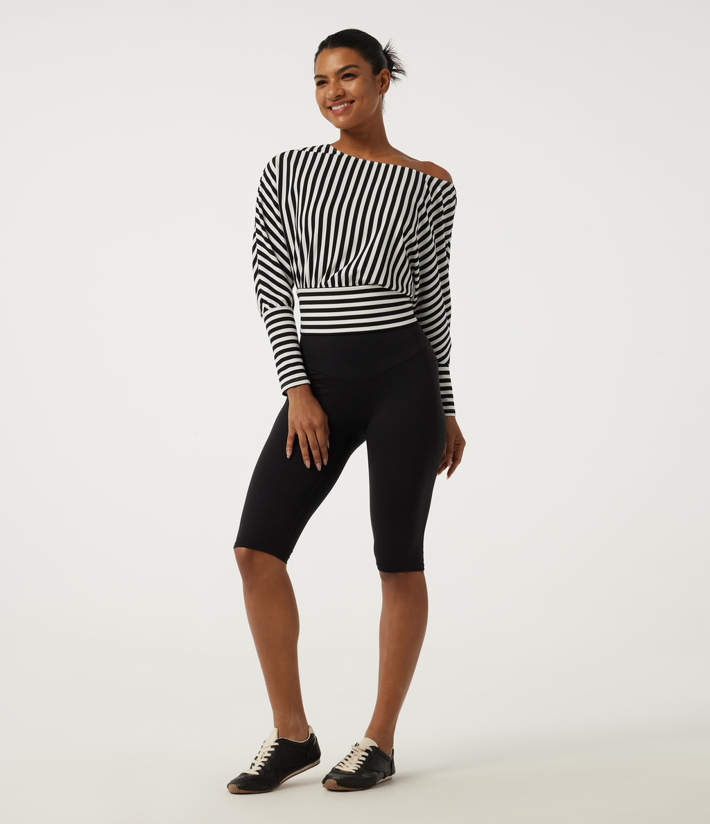 One Shoulder Long Sleeve Stripe Yoga Sports Top — Black White Horizontal Stripe — view 8