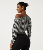 One Shoulder Long Sleeve Stripe Yoga Sports Top — Black White Horizontal Stripe — view 2