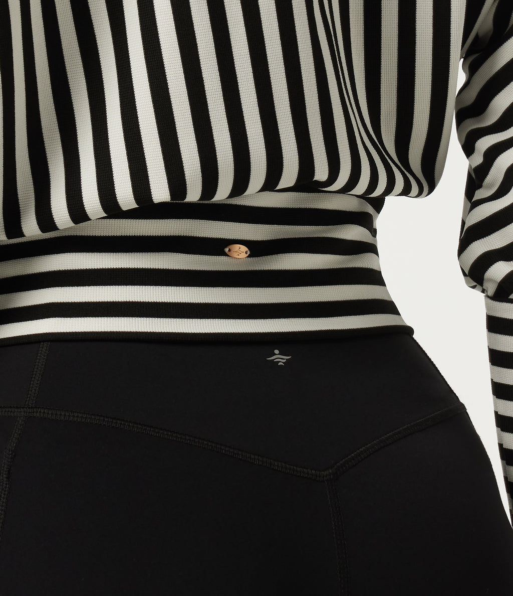 One Shoulder Long Sleeve Stripe Yoga Sports Top — Black White Horizontal Stripe — view 7
