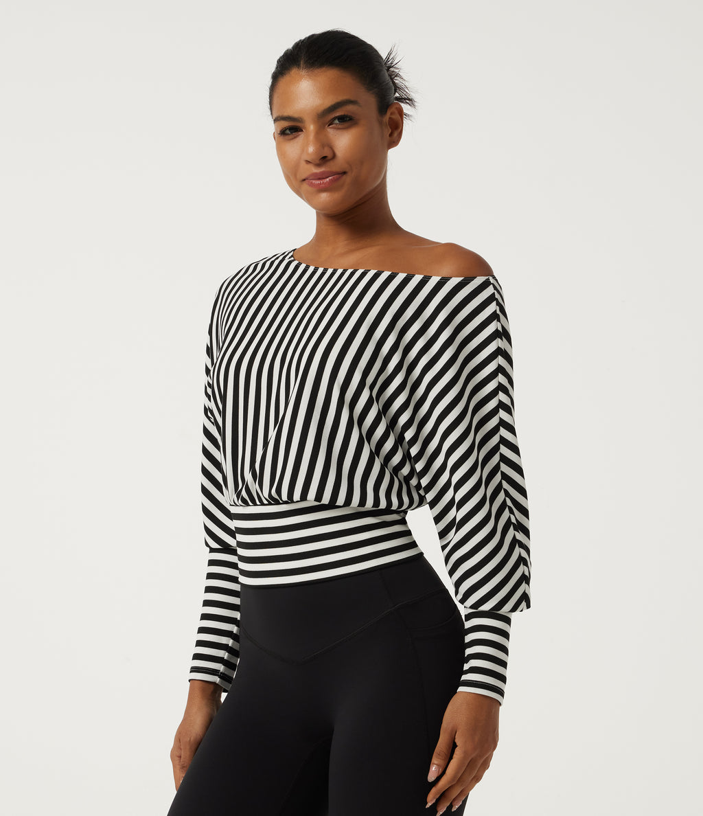 One Shoulder Long Sleeve Stripe Yoga Sports Top — Black White Horizontal Stripe — view 3