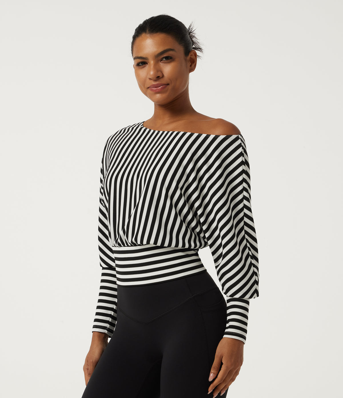 One Shoulder Long Sleeve Stripe Yoga Sports Top — Black White Horizontal Stripe — view 3